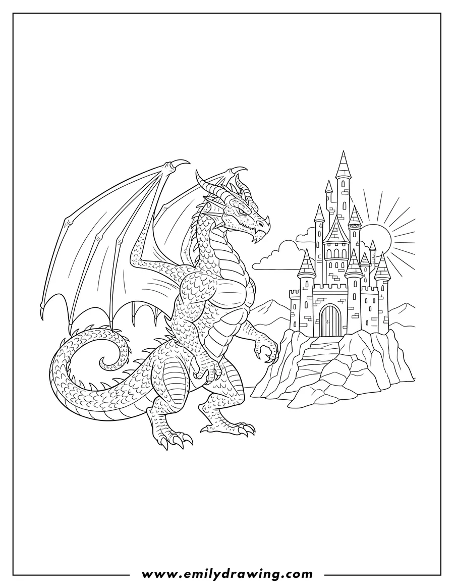 Free printable coloring sheet of fierce Looking Dragon standing with folded wings next to a castle