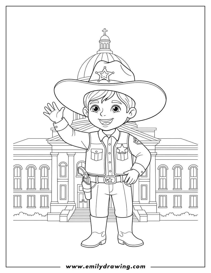 Free printable coloring sheet of friendly smiling kid in a Texas Deputy Uniform with a sheriff's hat at a Historic Town Courthouse