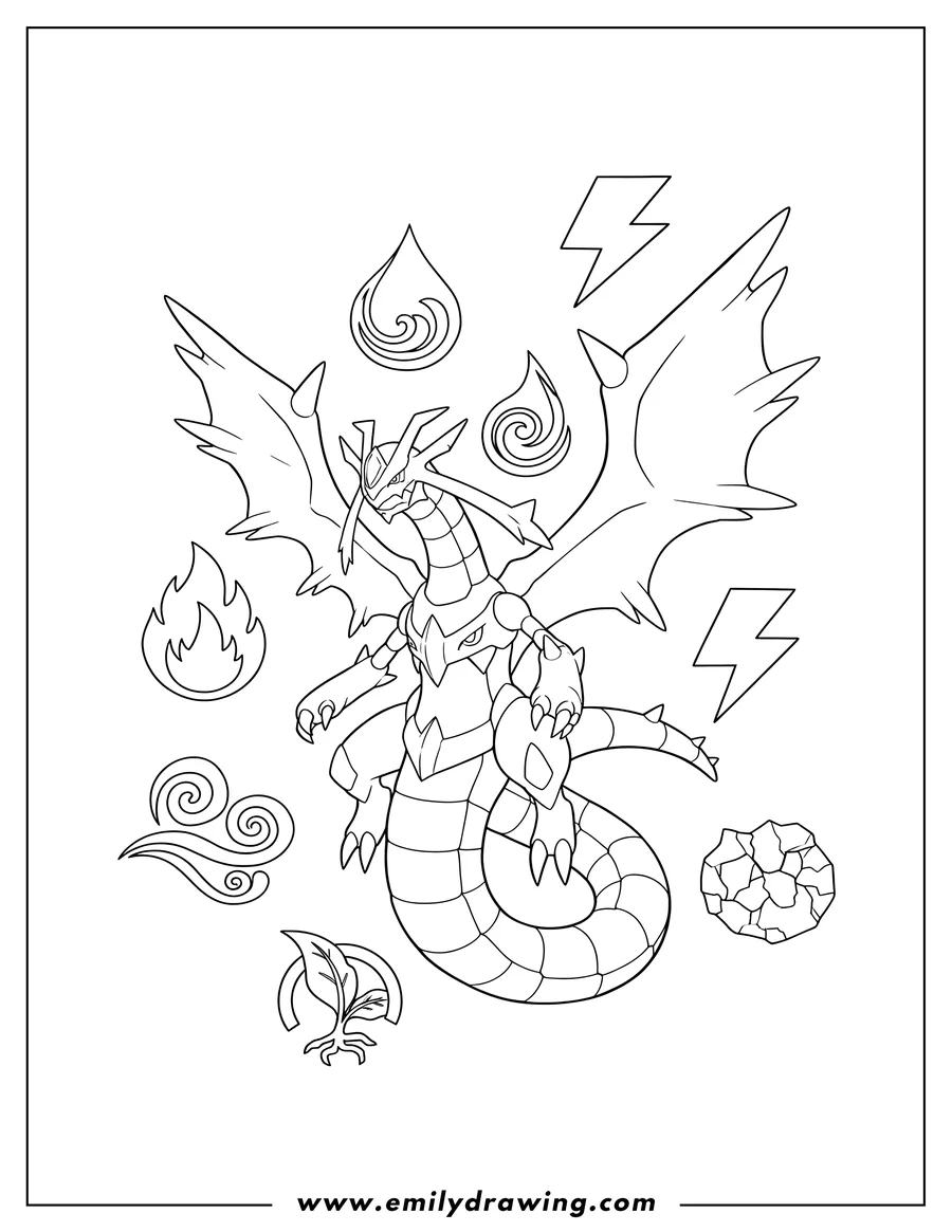 Clean line drawing: giratina Altered Forme, a legendary Pokemon, with spread wings, surrounded by elemental symbols