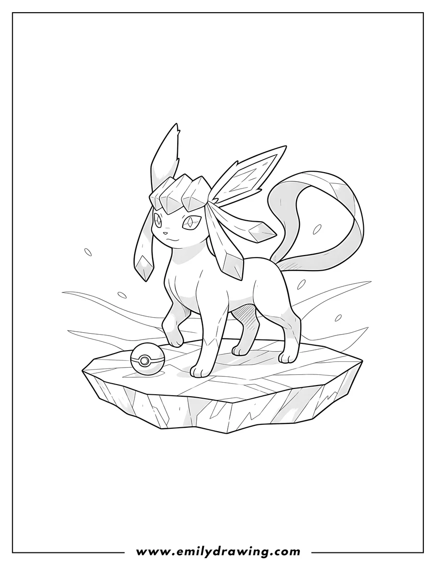 Linear illustration of glaceon Eevee On Ice To Color, standing with a Poké Ball