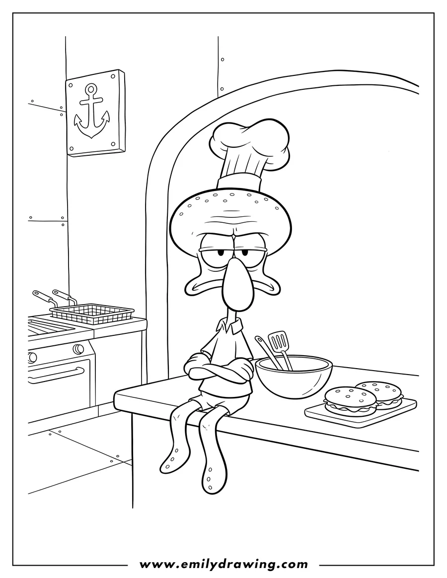 Vector style outline of grumpy Squidward sitting on counter in Krusty Krab Kitchen
