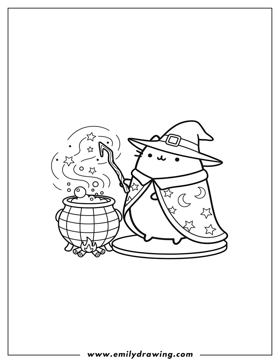 Downloadable coloring page of halloween Witch Pusheen casting a spell, holding a magic wand, and standing next to a bubbling cauldron