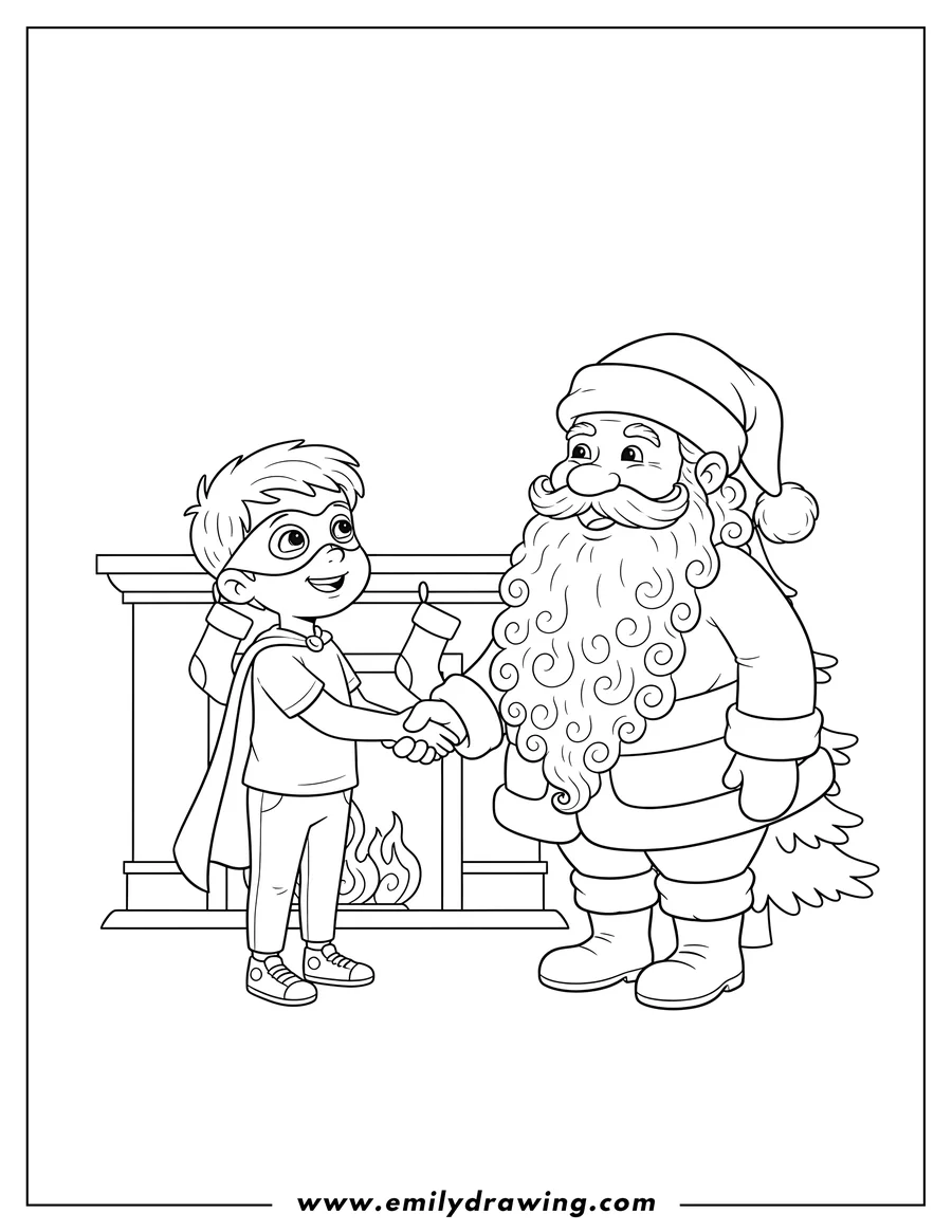 Printable coloring page of hero Boy looking up and shaking hands with Santa Claus who has a long curly beard