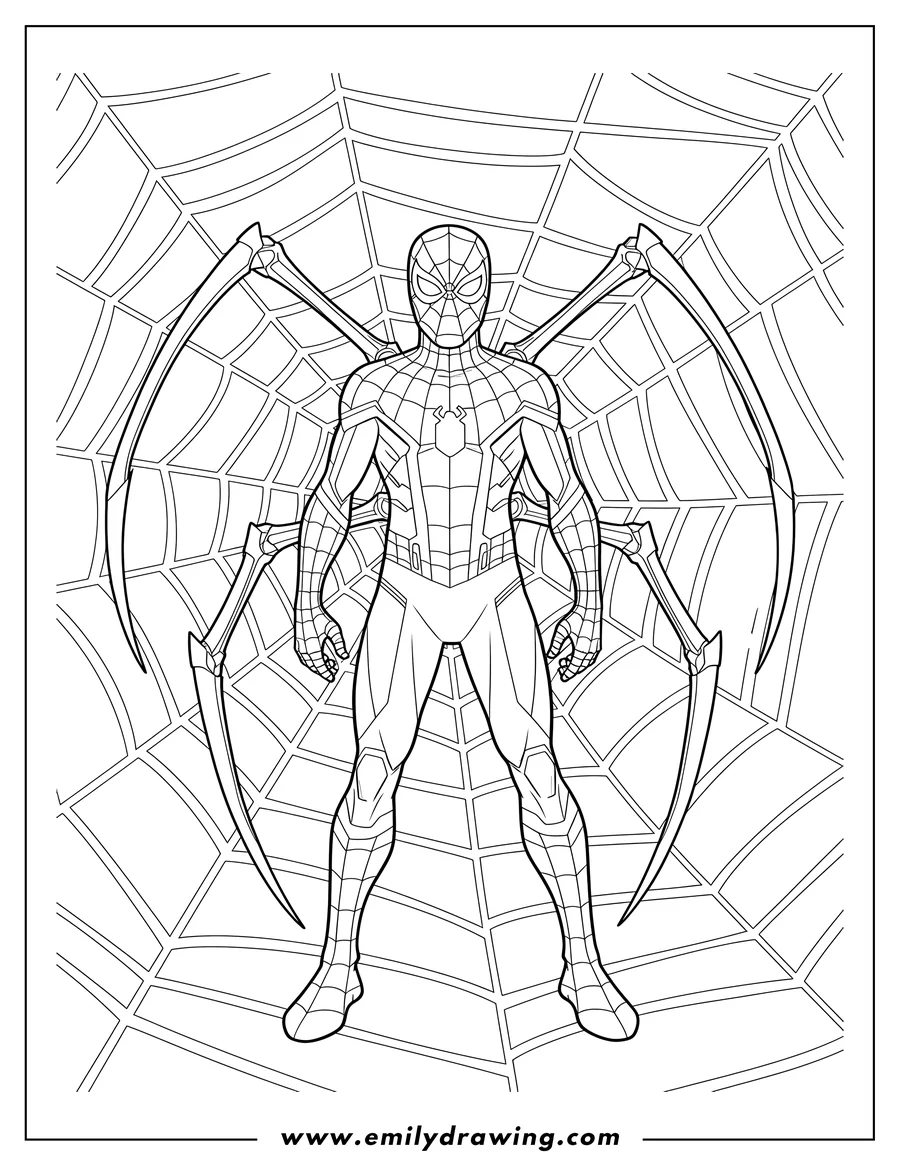 High quality printable iron Spider Man standing facing forward with web background for coloring