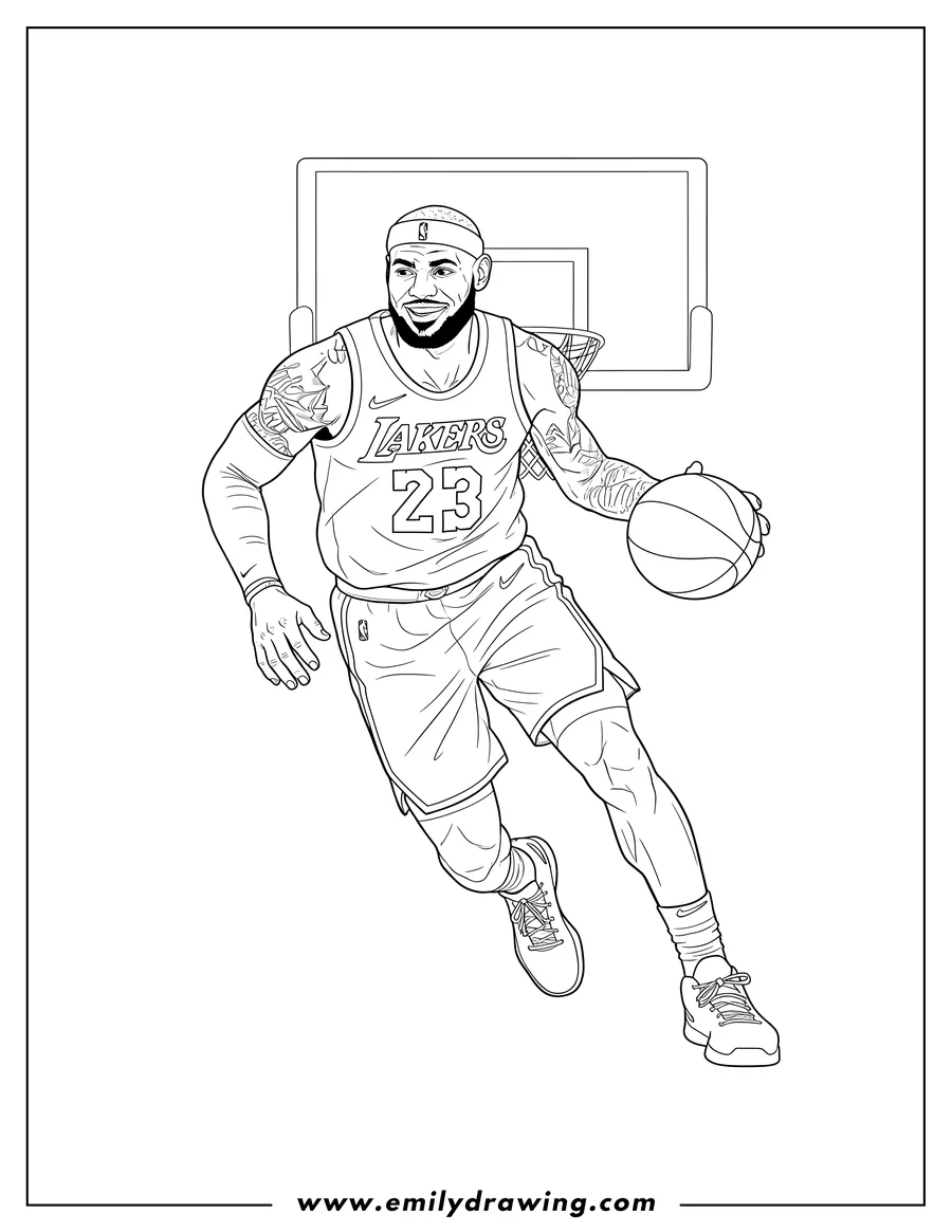 Coloring page of lebron James wearing a Lakers uniform and holding a basketball