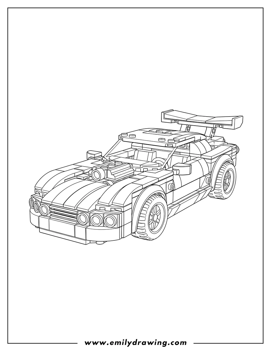 Doodle style coloring picture of lego Creator Street Racer with exposed engine and rear spoiler, coloring page