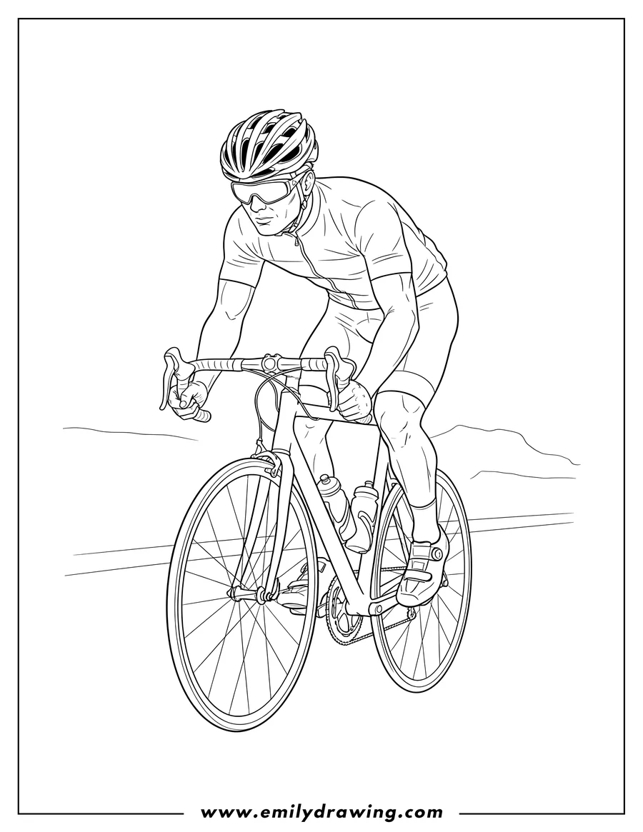 Full page coloring image of man Racing On Bicycle, wearing a helmet and goggles