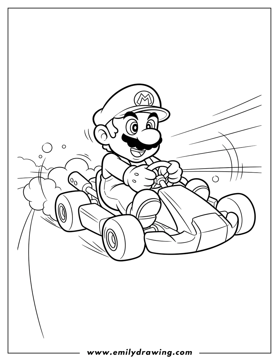 High quality printable mario driving his go-kart, leaning and smiling for coloring