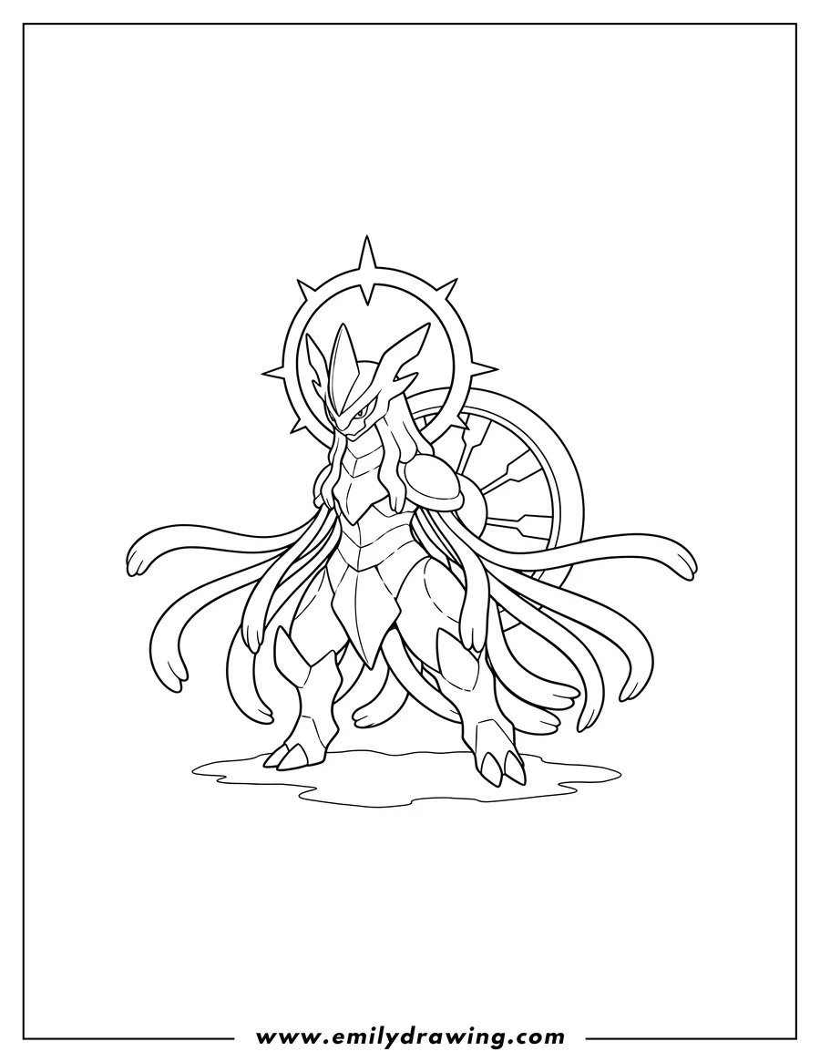 Linear illustration of mega Primal Arceus Outline standing with a halo behind it