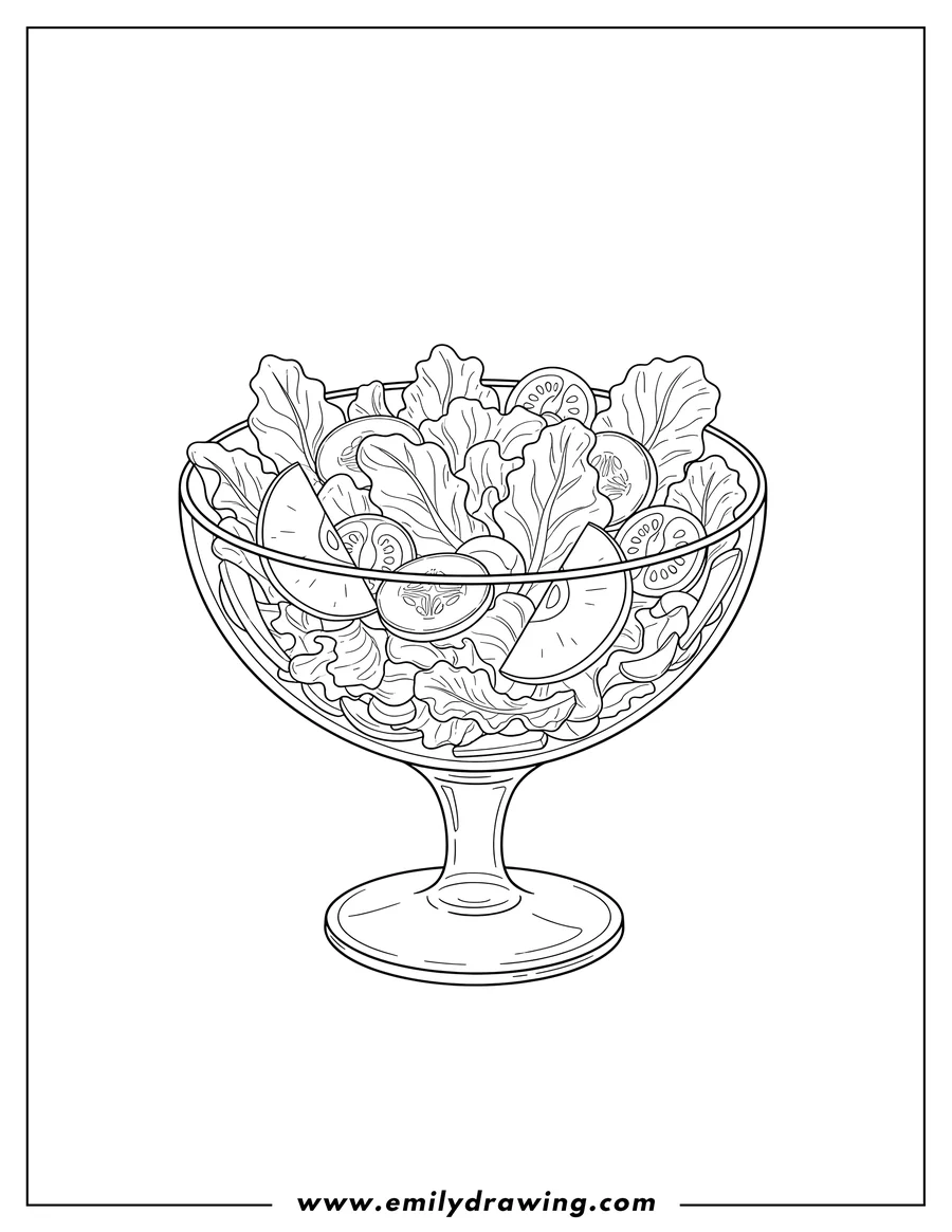 Downloadable coloring page of mixed salad with lettuce and apple slices in a stemmed bowl