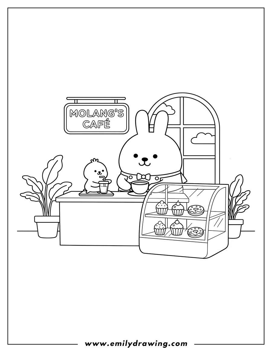 Doodle style coloring picture of molang S Cafe With Piu Piu serving a drink, and Molang working behind the counter