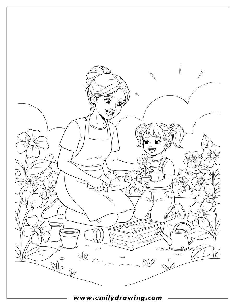 Printable coloring page of mothers Day: Mom and Daughter kneeling to plant flowers
