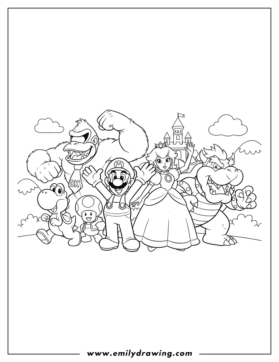 Full page coloring image of luigi and Mario waving with Princess Peach, running Yoshi, Donkey Kong, Toad, and a roaring Bowser