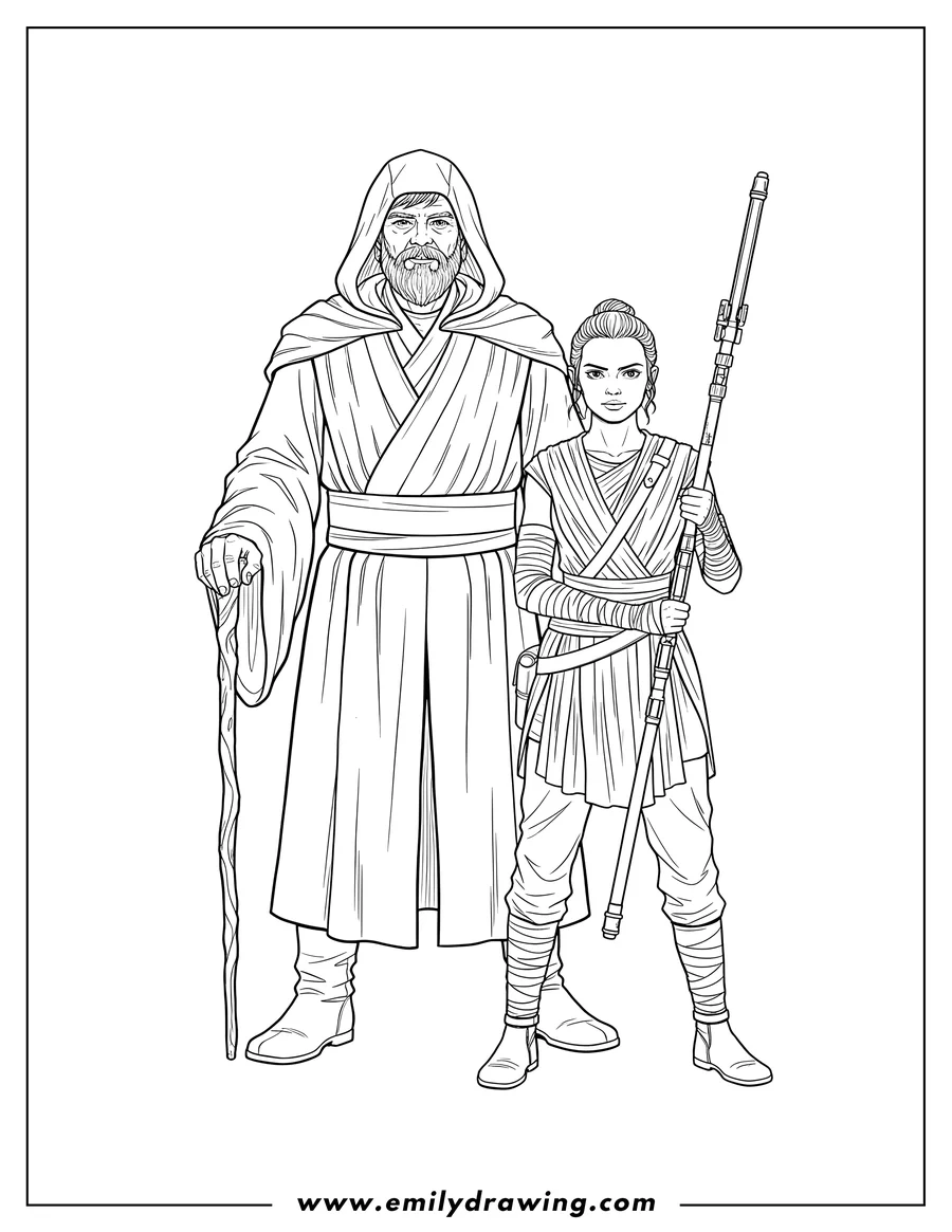 Simple sketch of old Luke Skywalker in a hooded robe standing with Rey Palpatine holding her staff to color