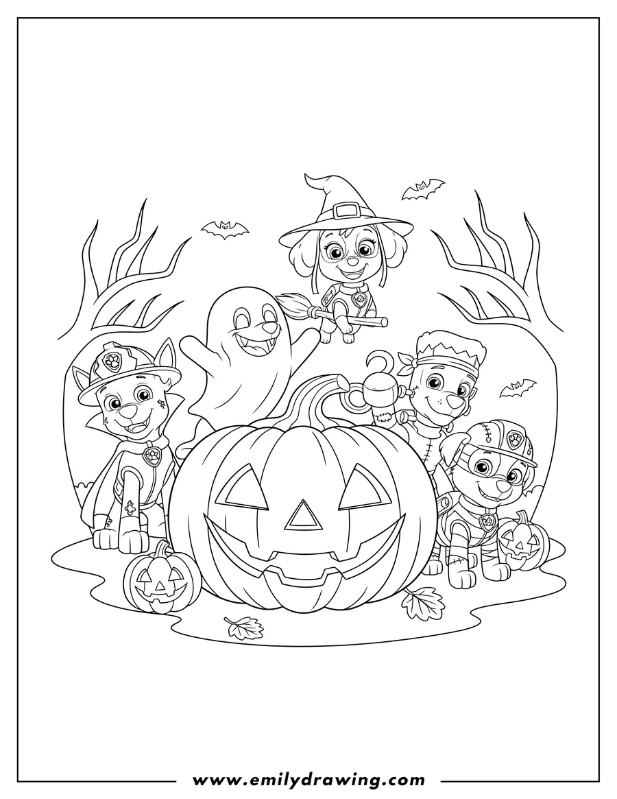 Vector style outline of paw Patrol pups in Halloween costumes posing with a large carved jack-o'-lantern
