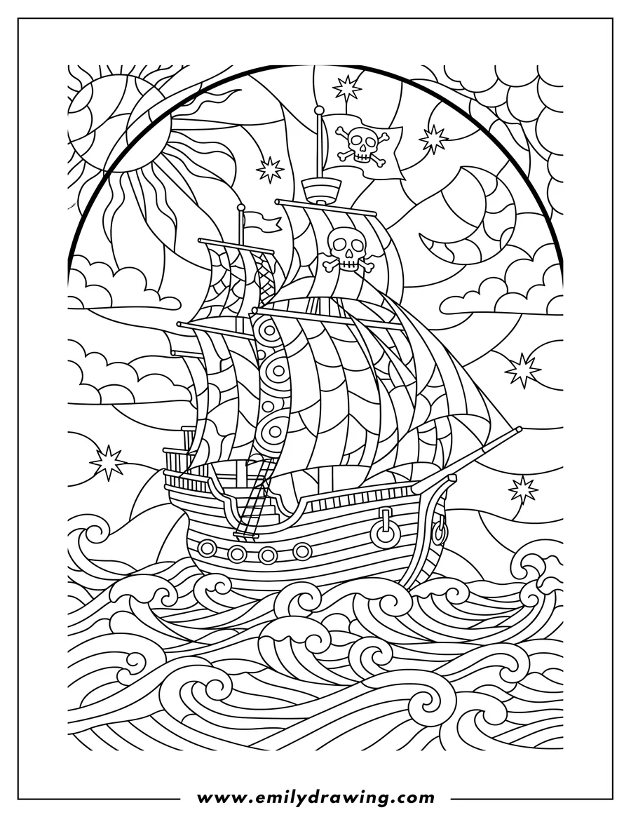 Outline drawing of pirate Ship Stained Glass with skull and crossbones flag sailing on waves