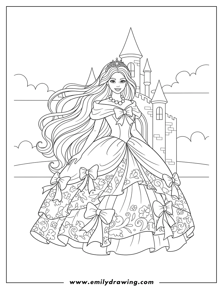 Coloring page of princess Barbie with long flowing hair, wearing a crown and pearl necklace, in a large ball gown, in front of a castle