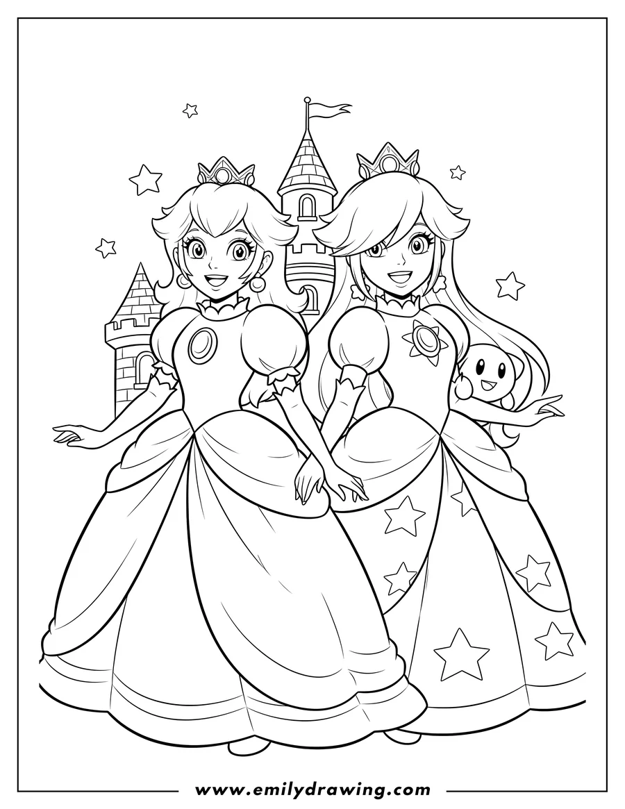 Downloadable coloring page of laughcreate 18 Scaled, Princess Peach and Rosalina with linked arms, smiling