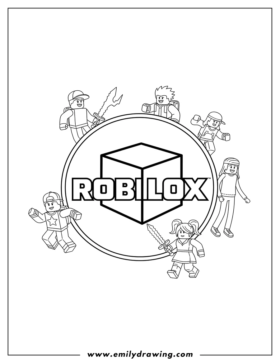 Coloring page for kids: roblox Logo Scaled with multiple characters and the ROBLOX wordmark inside a circle