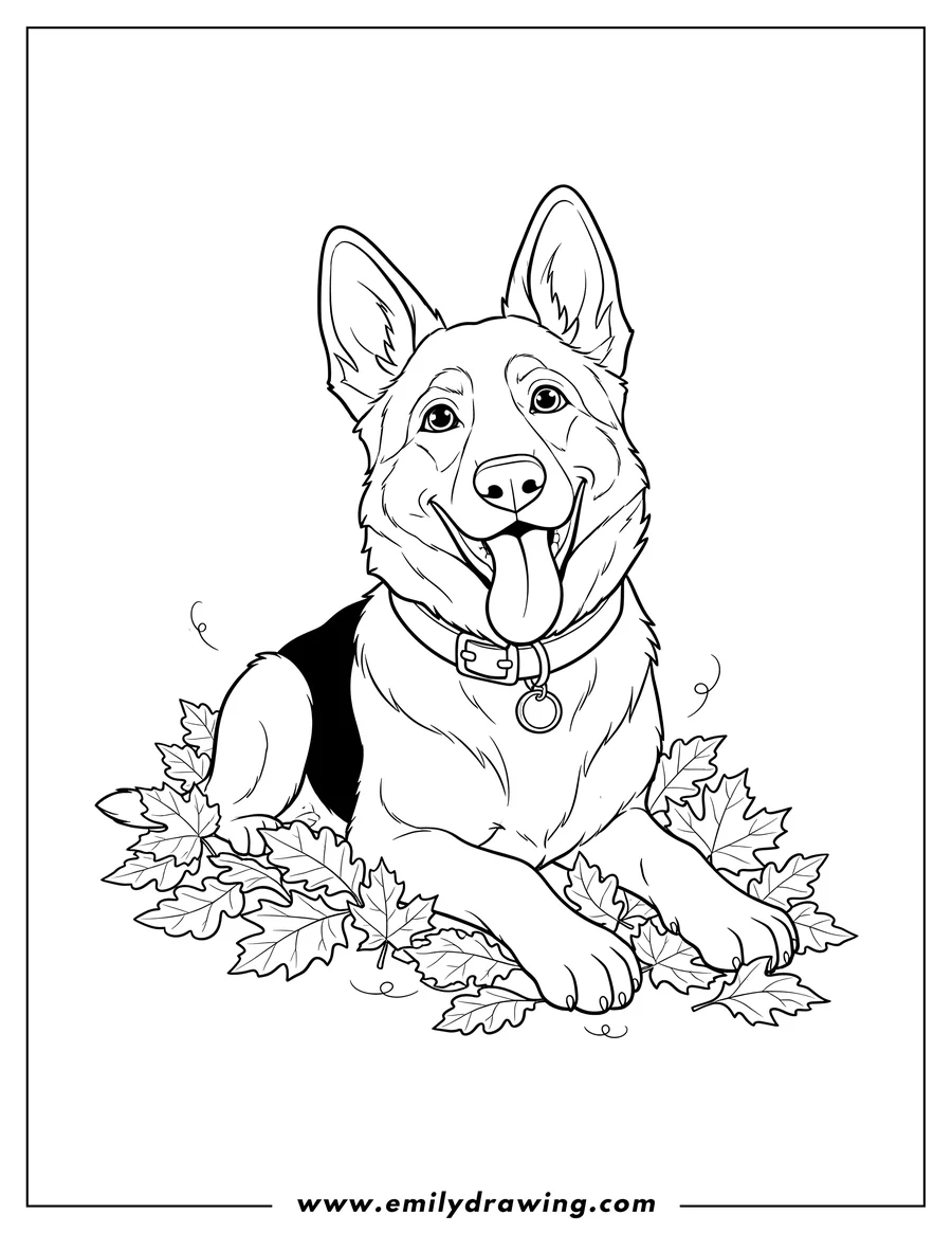 Clean line drawing: happy German Shepherd with collar, tongue out, laying in fall leaves