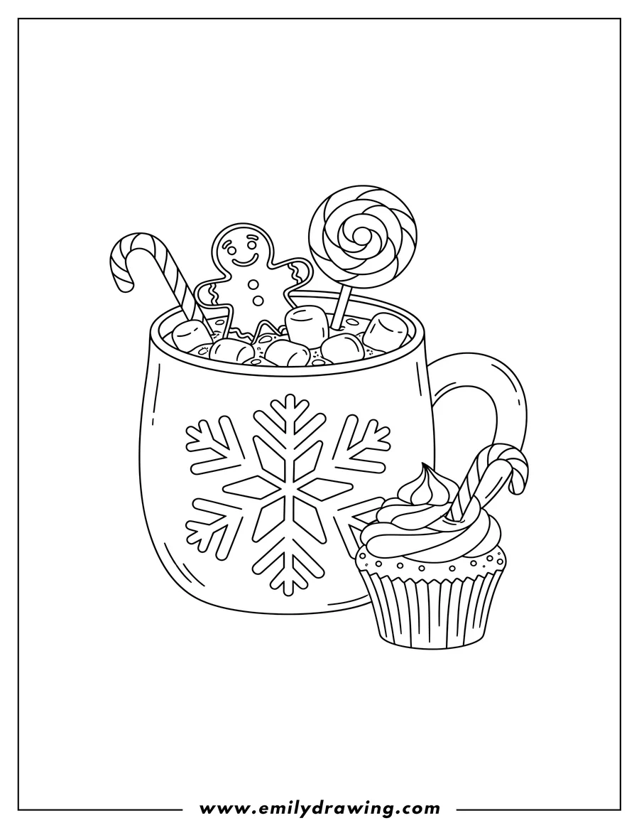 PDF style coloring page: hot chocolate in a snowflake mug with marshmallows, a gingerbread man, a lollipop, and a candy cane, next to a cupcake topped with a small candy cane