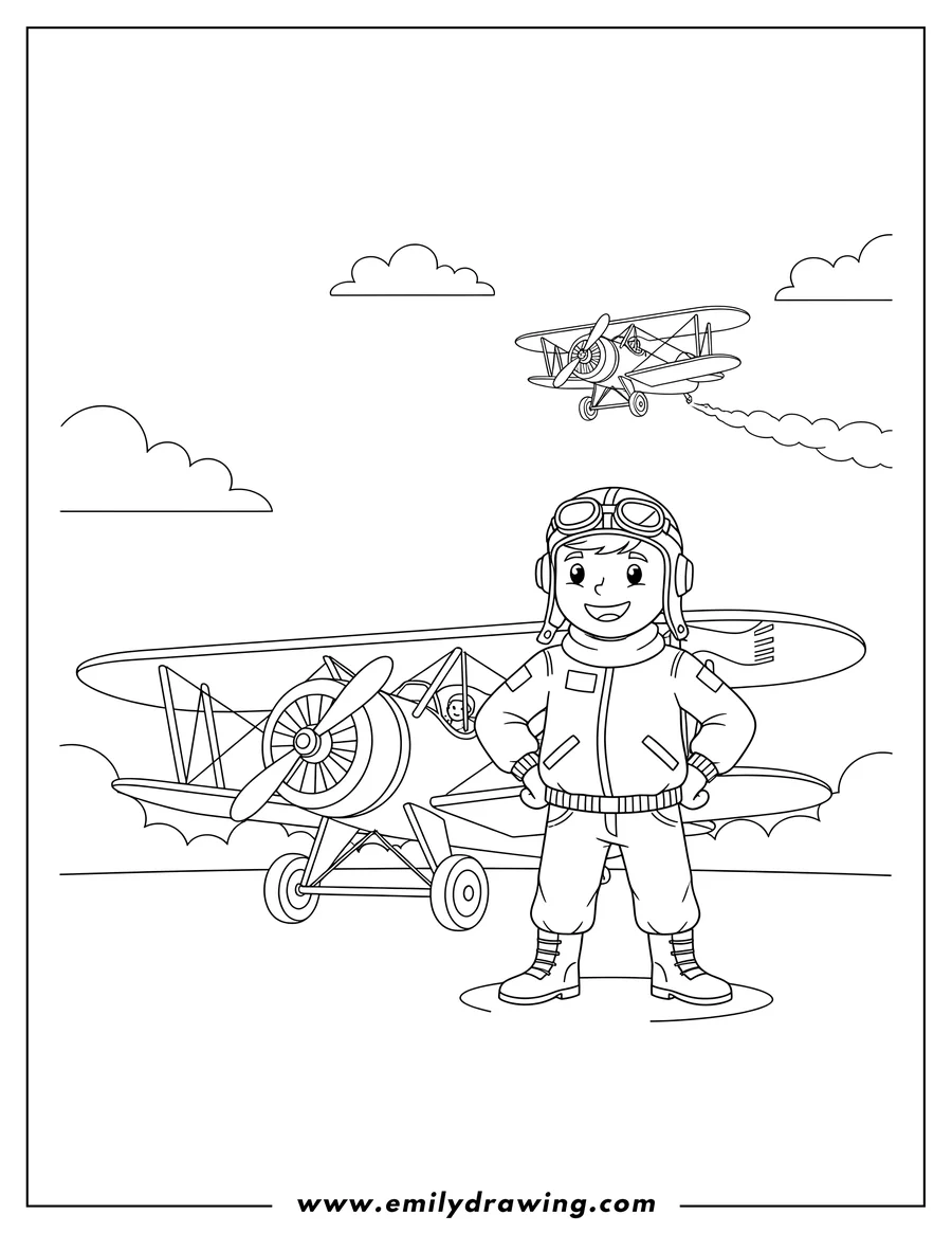 Outline drawing of standing pilot wearing cap and jacket, with a vintage biplane on the ground and another flying in the open sky