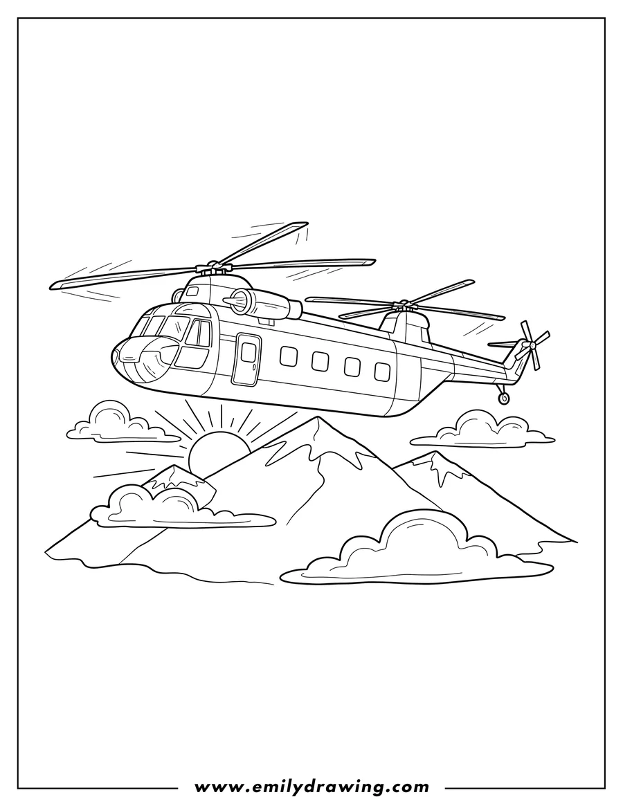 Black and white line art of tandem Rotor Helicopter flying over mountains and clouds
