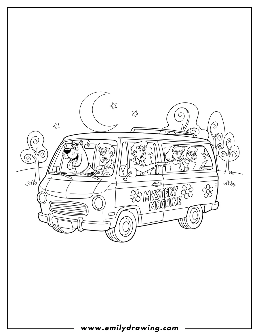 Coloring sheet featuring scooby Doo and the gang riding in the Mystery Machine To Color Scaled