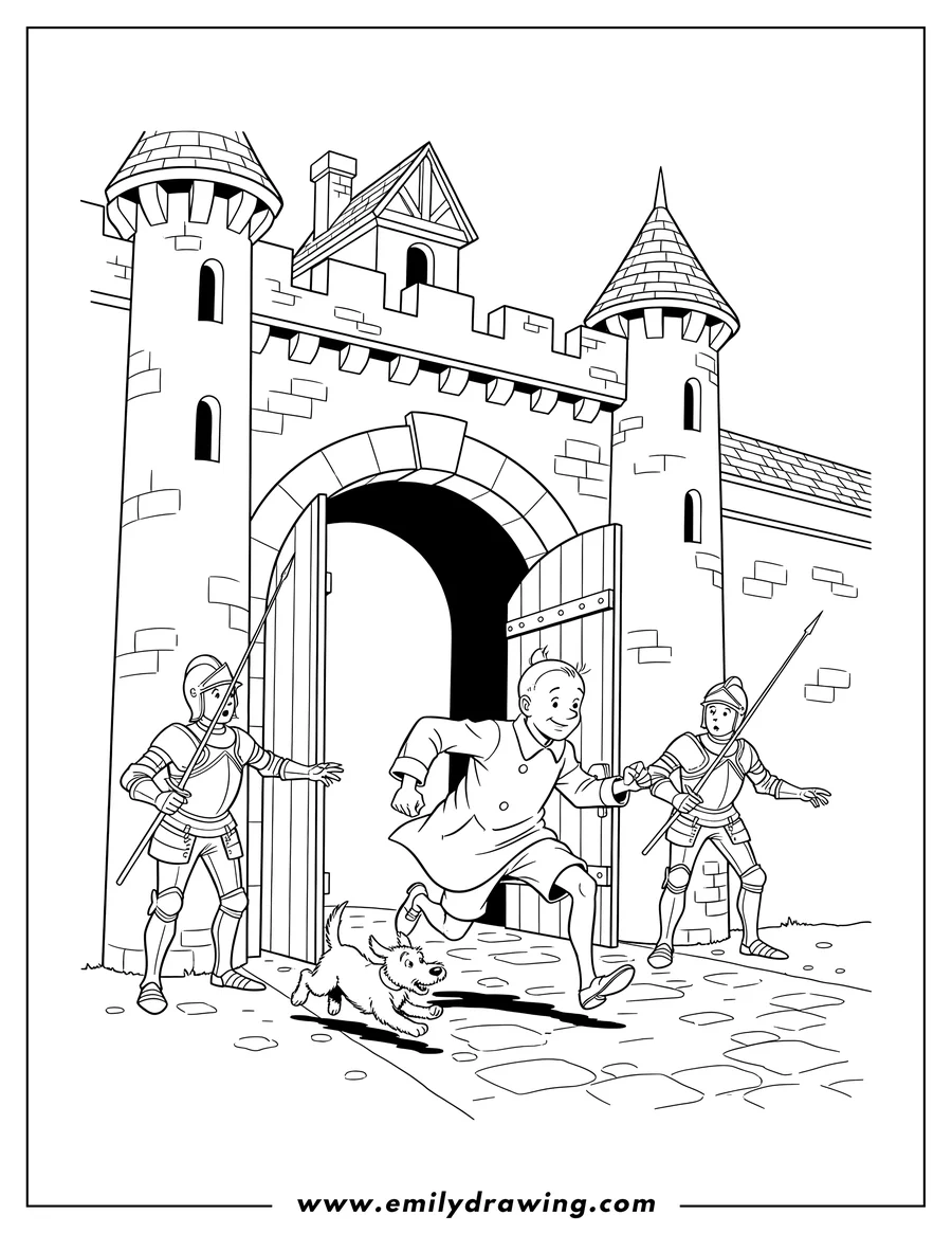 Coloring page for kids: tintin and Snowy running out of a castle, looking back, past two guards