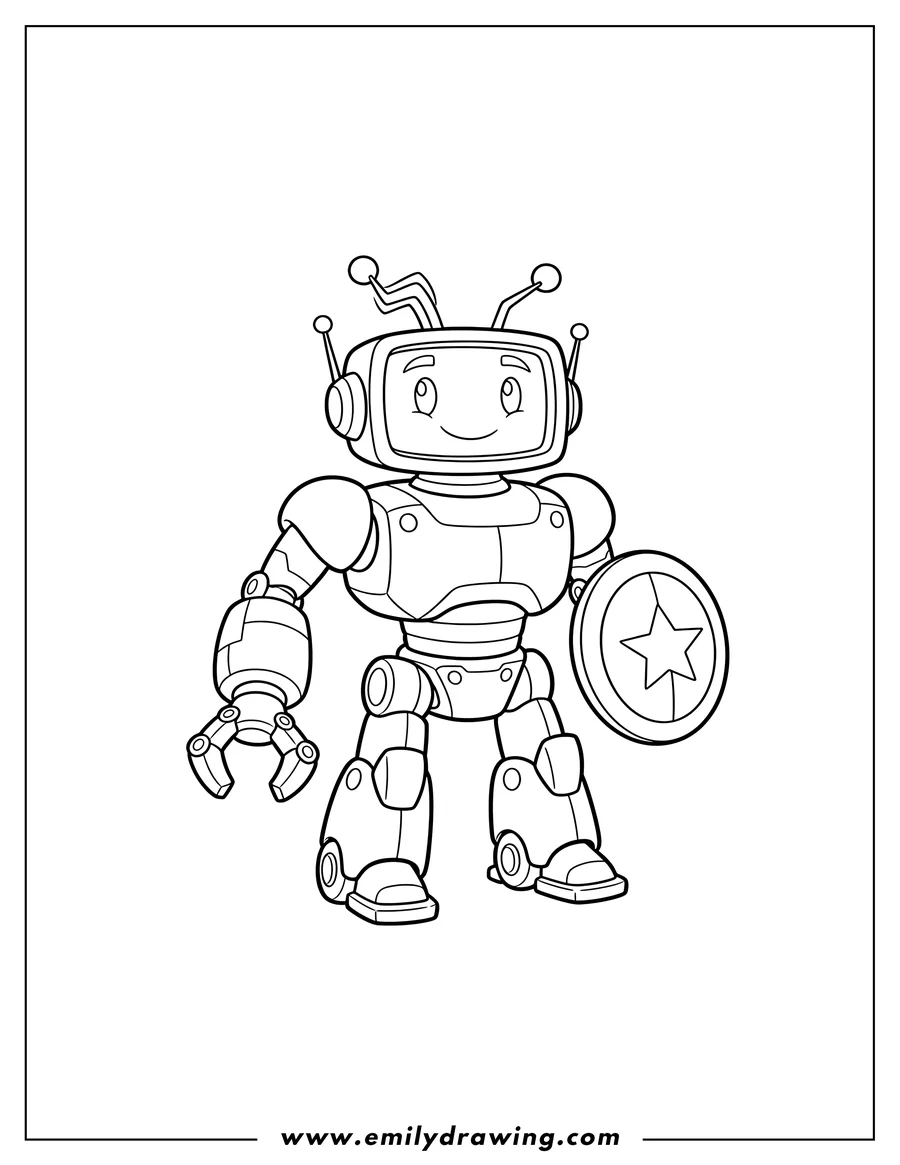 Clean line drawing: detailed Combat Robot with a screen face and antennas