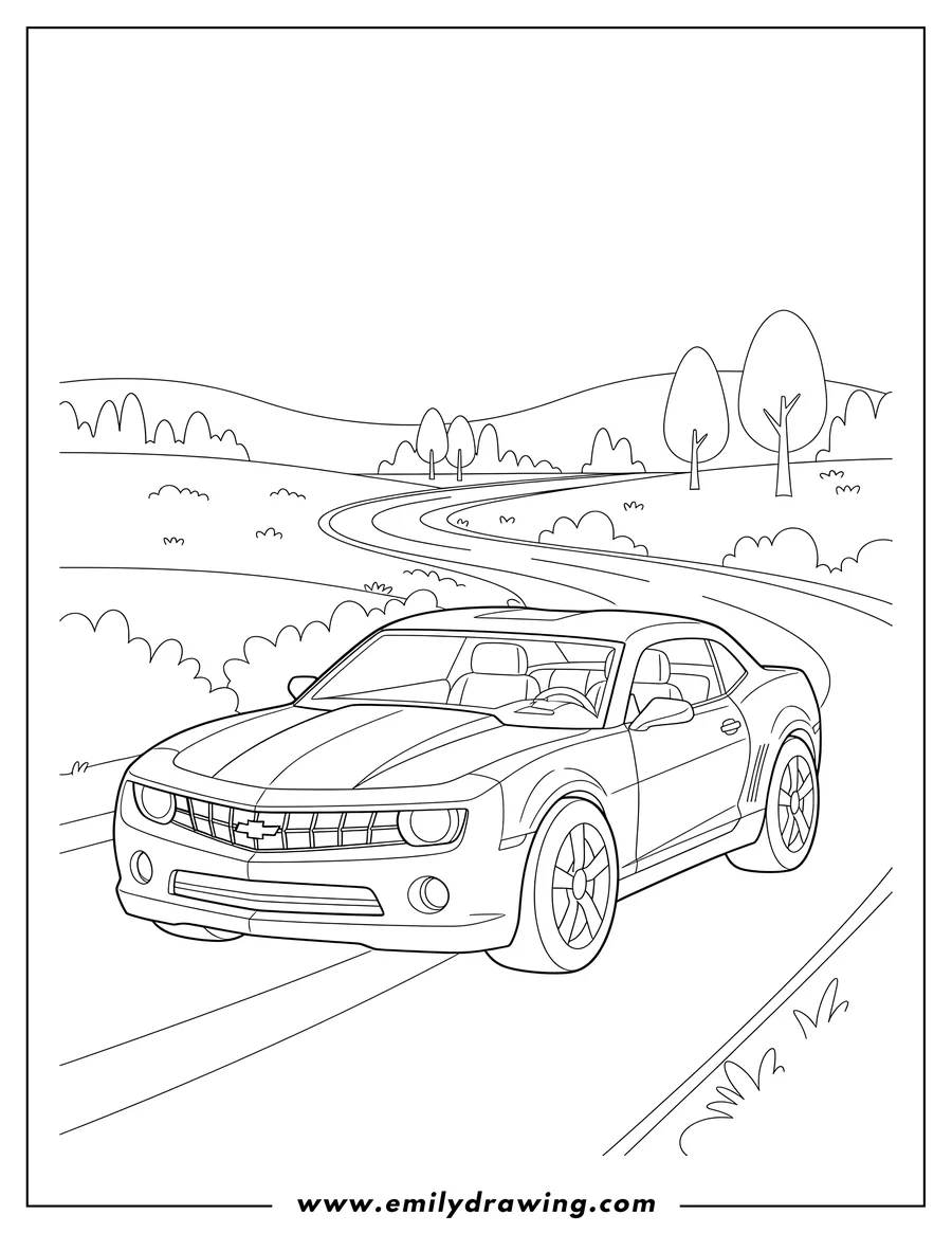 Full page coloring image of detailed Compact Chevrolet Camaro from the front-side on a winding road