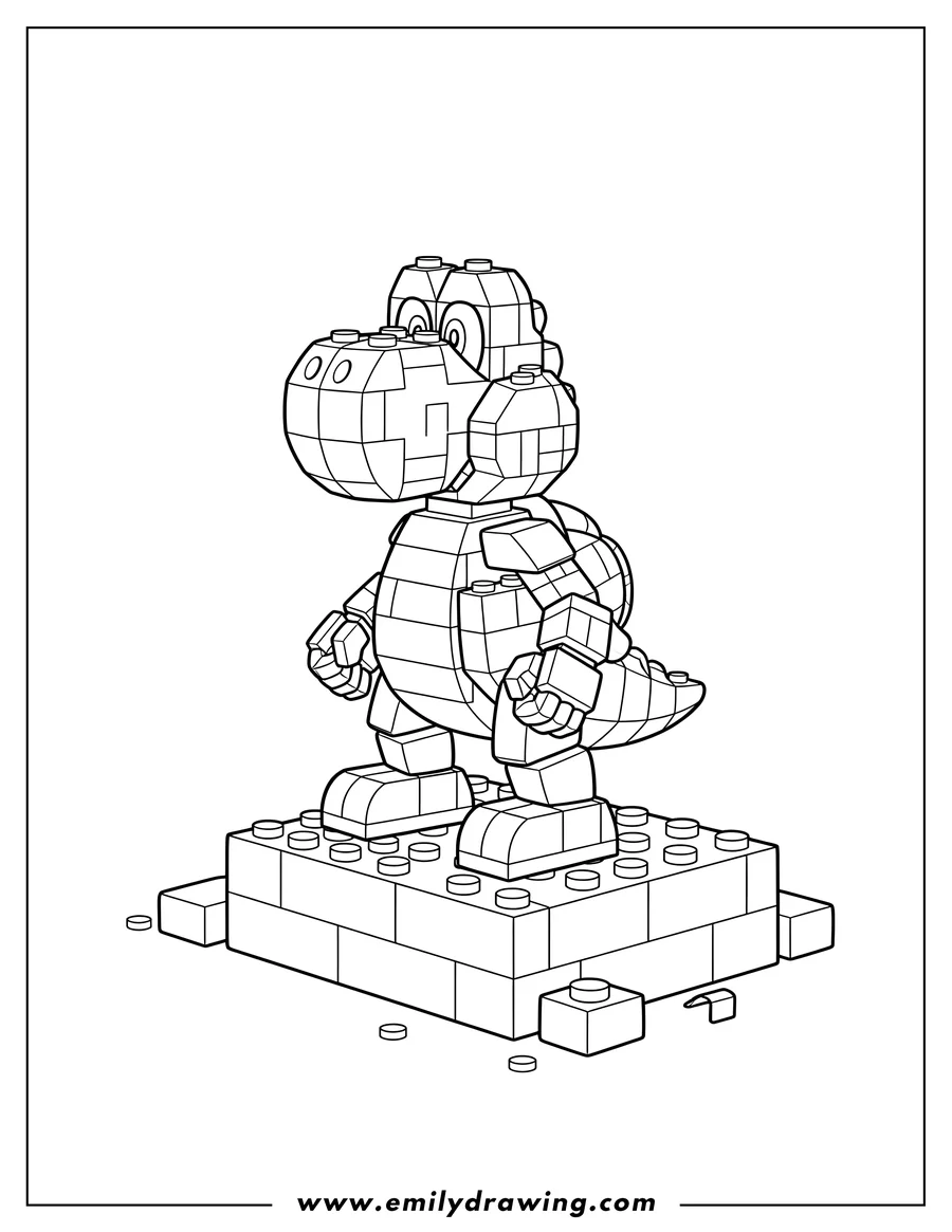 Linear illustration of cool Robo Yoshi made of building blocks, standing on a block platform