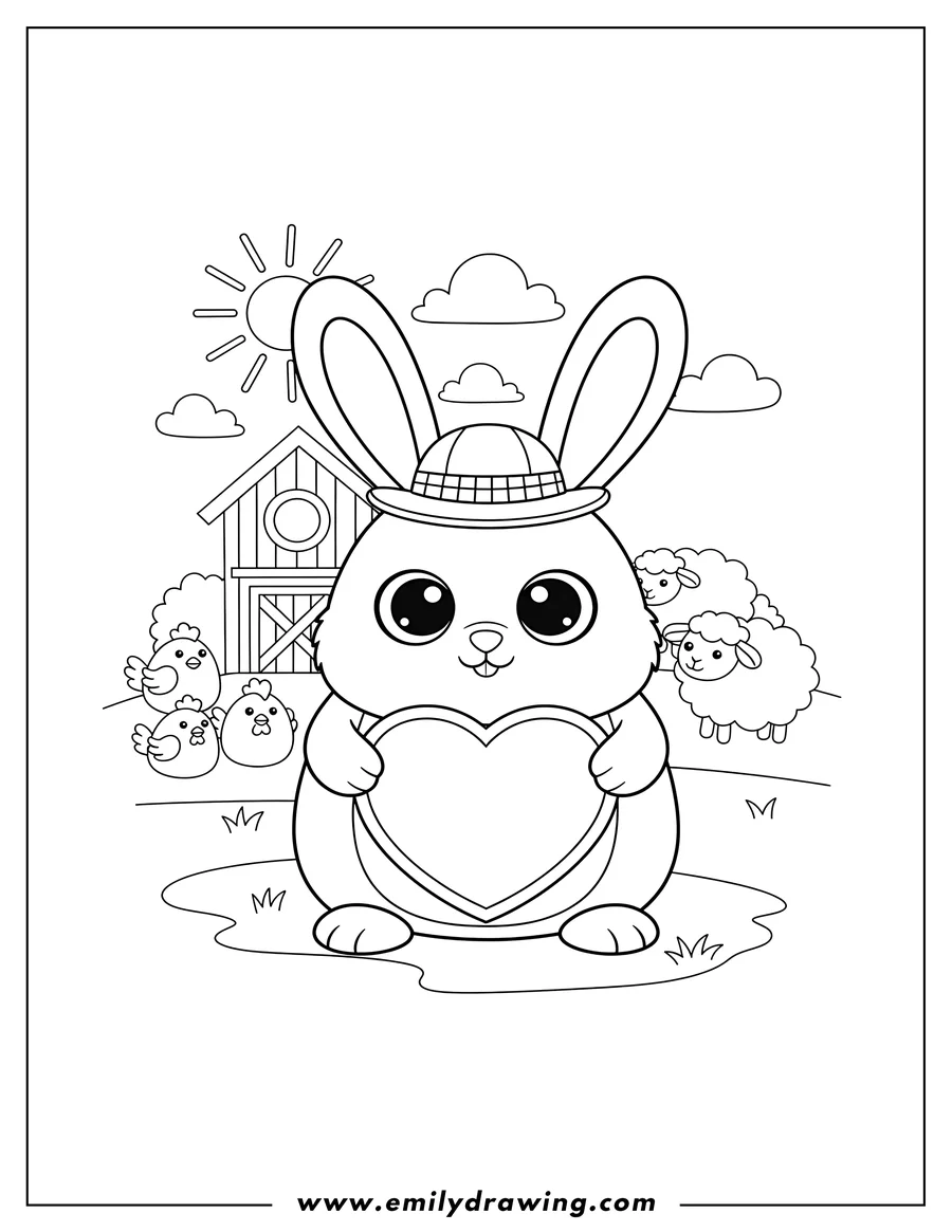 Clean line drawing: beanie Boo Coop Farm, a bunny holding a heart-shaped tag