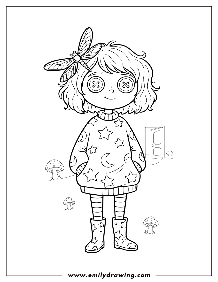 Free printable coloring sheet of detailed Coraline wearing a starry sweatshirt, with a dragonfly hairpin and button-like eyes