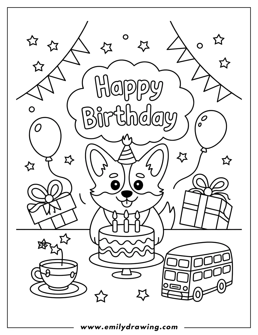 Full page coloring image of corgi