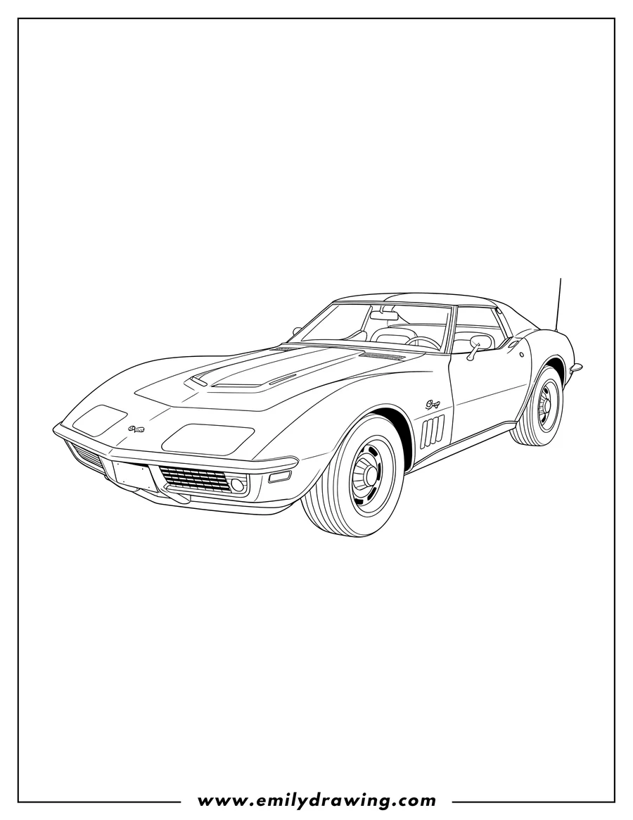 Downloadable coloring page of detailed Corvette Ls6, classic sports car with a front-side view