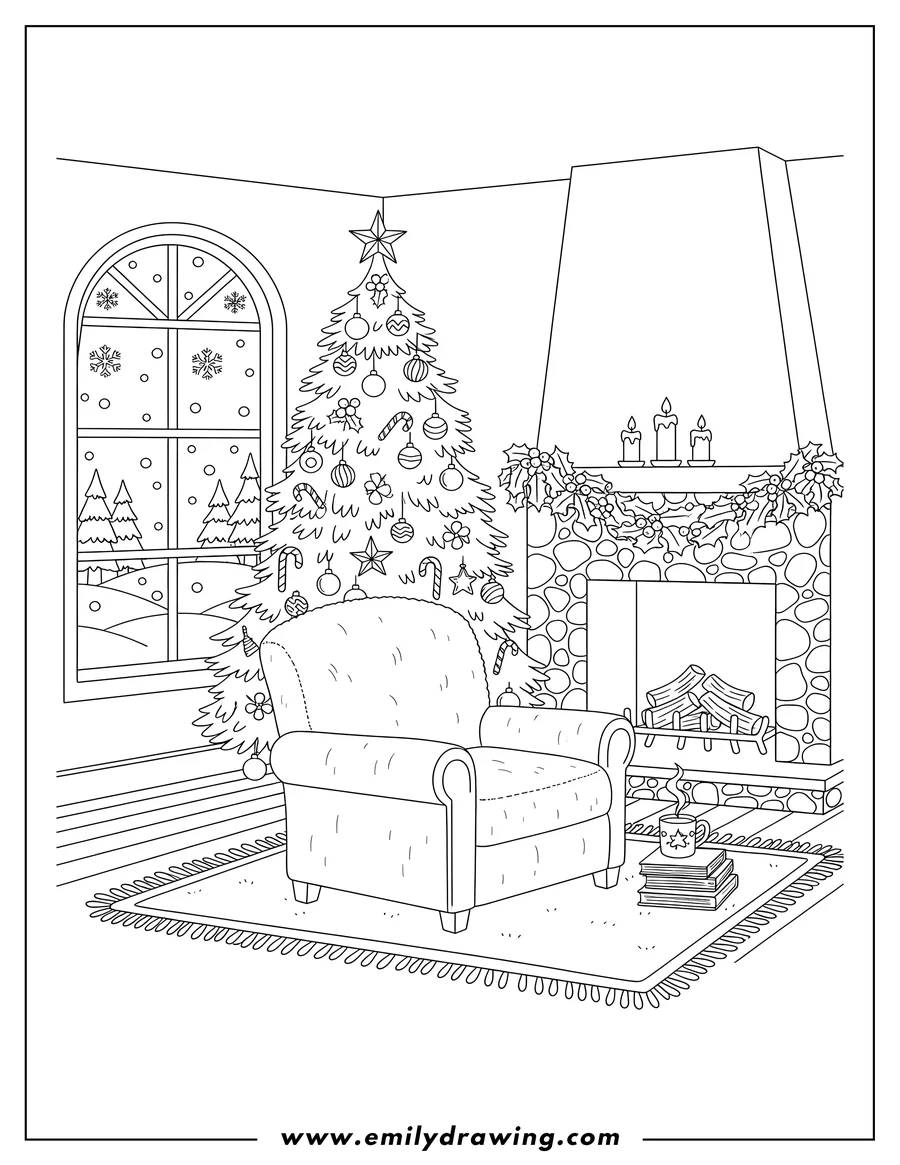 Linear illustration of detailed Cozy Christmas Living Room with a snowy window view, garland, and lit candles
