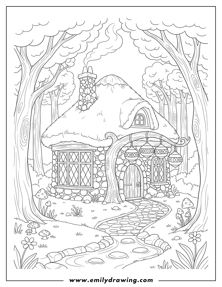 Full page coloring image of cozy Cottage in a Forest with a Smoking Chimney and Hanging Lanterns