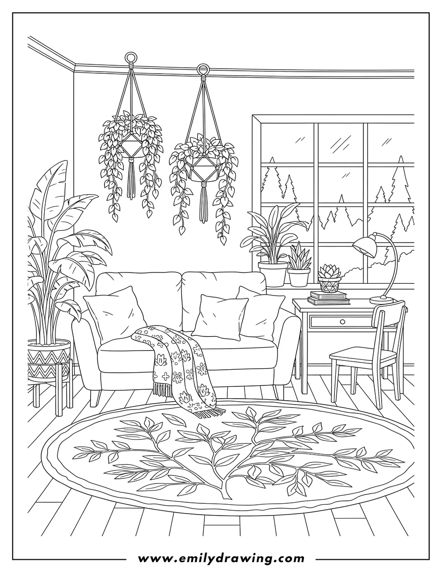 High quality printable detailed Cozy Living Room With Hanging And Potted Plants, a sofa, and a desk for coloring