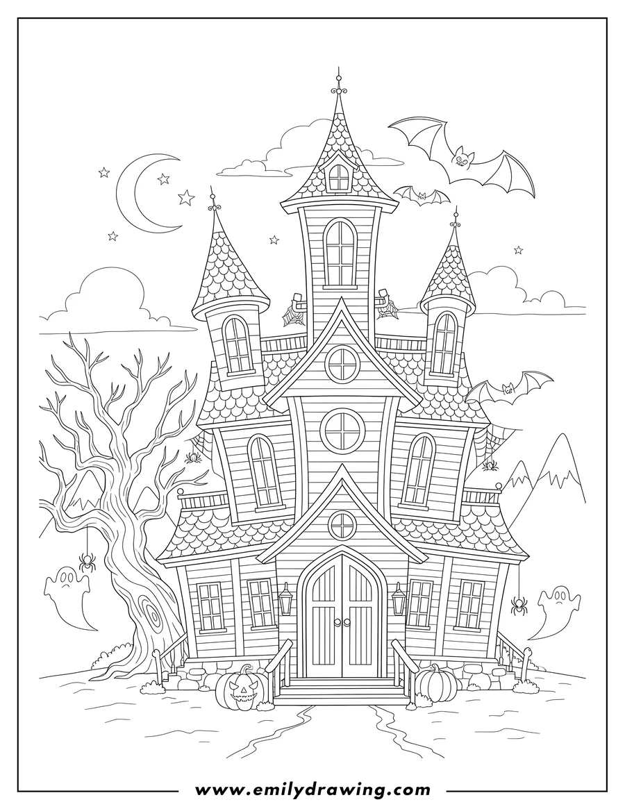 PDF style coloring page: creep Haunted House with many windows and a grand entrance