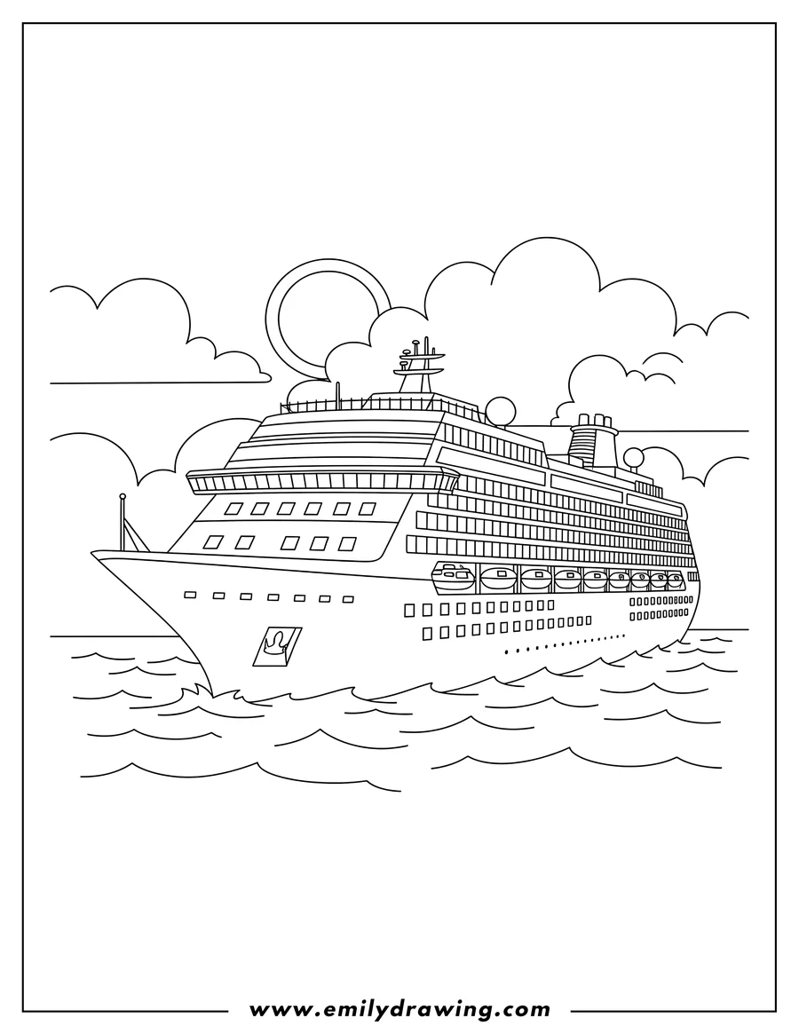 Printable line art of detailed Cruise Ship To Color Scaled, floating on wavy water with clouds in the sky