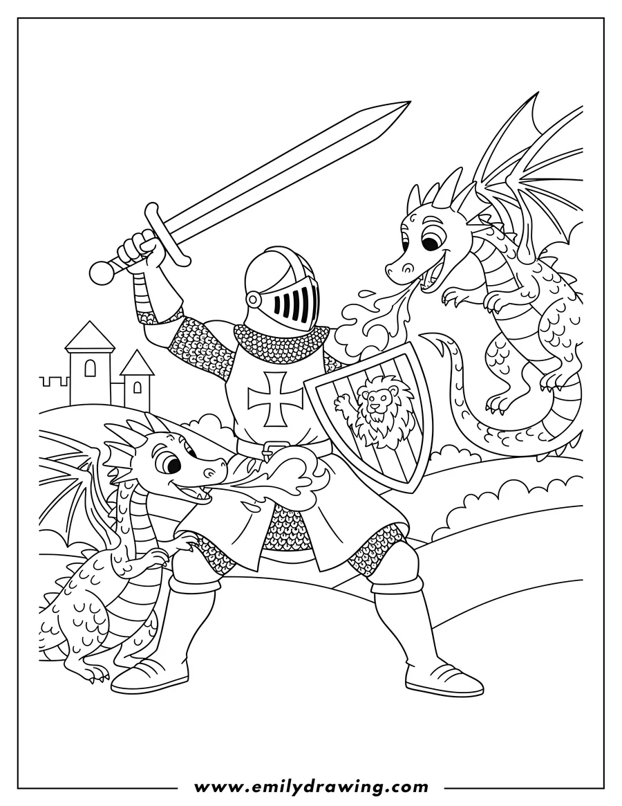 High quality printable crusader Knight fighting dragons with sword and shield for coloring