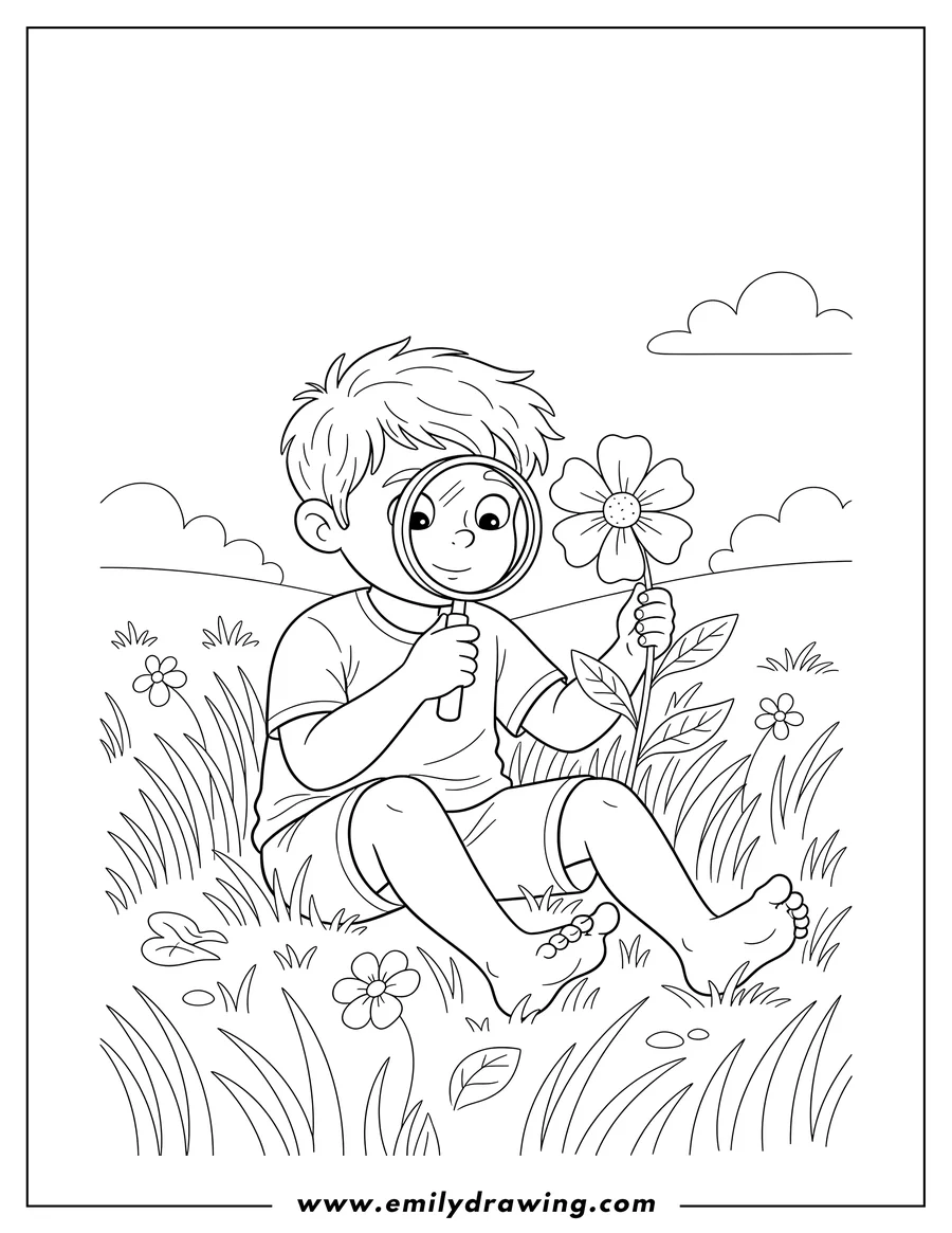 Simple sketch of curious Boy Sitting Barefoot in Grass Inspecting a Flower With a Magnifying Glass to color