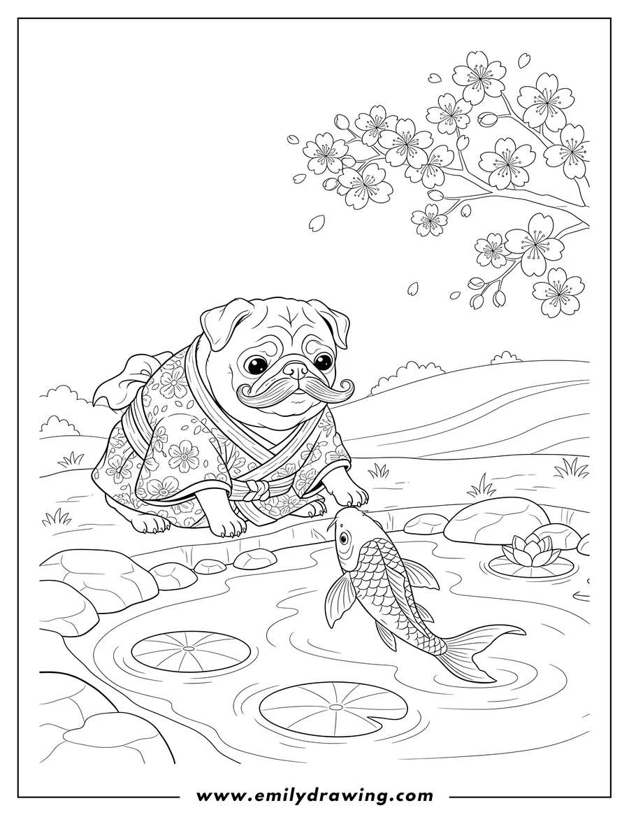 Coloring page of curious mustachioed pug in a traditional outfit reaching for a koi fish in a pond