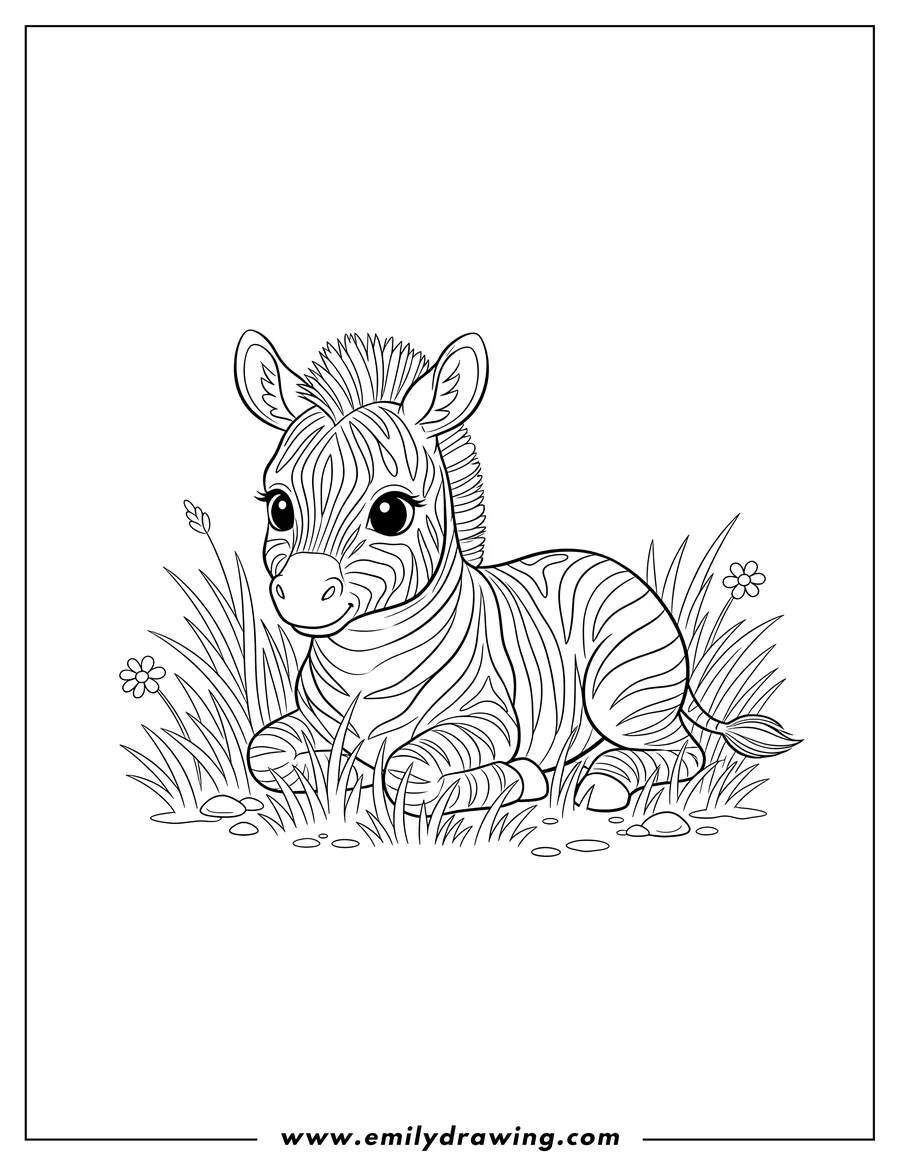 Printable line art of detailed cute baby zebra lying on its stomach in grass
