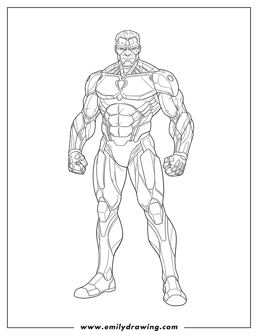 Doodle style coloring picture of detailed Cyborg Victor Stone standing with fists clenched