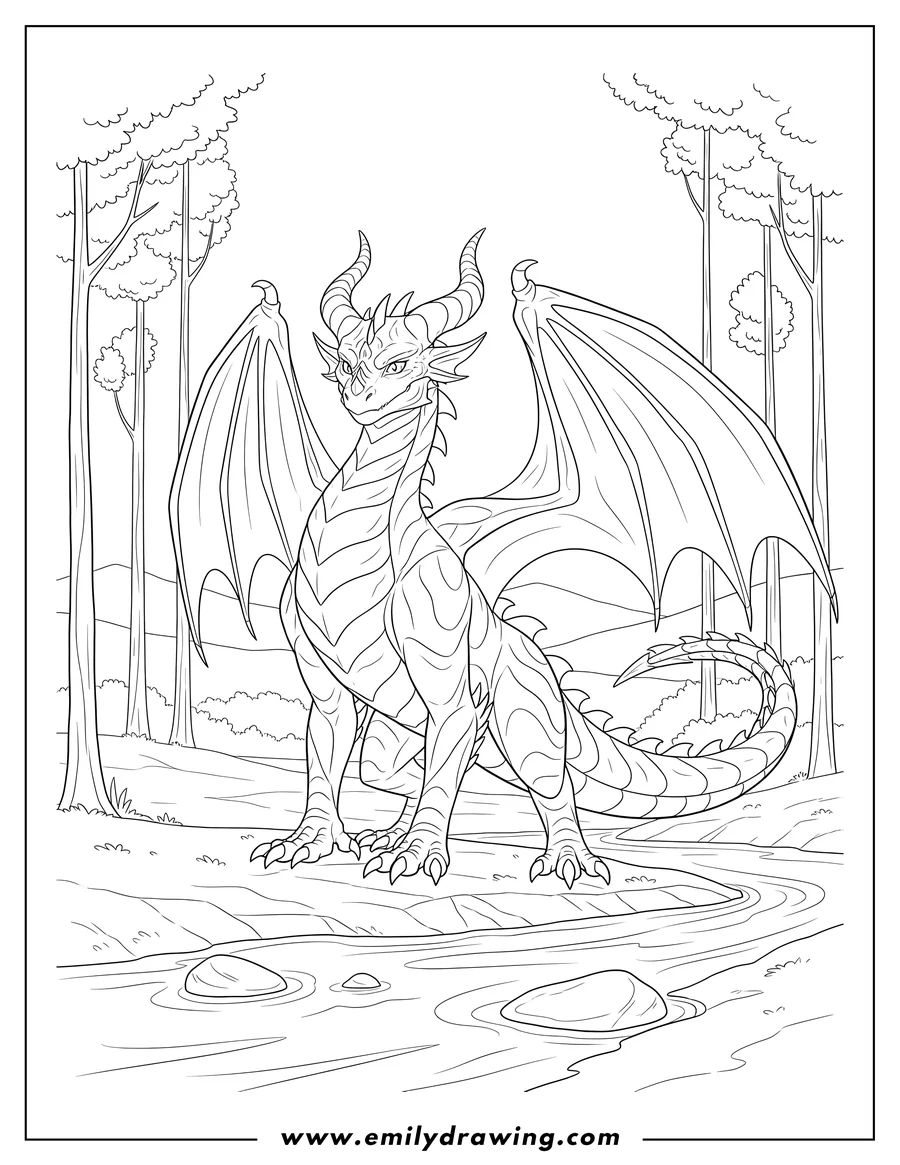 Downloadable coloring page of detailed Cynder, a horned dragon with an armored tail, standing on a riverbank and looking forward