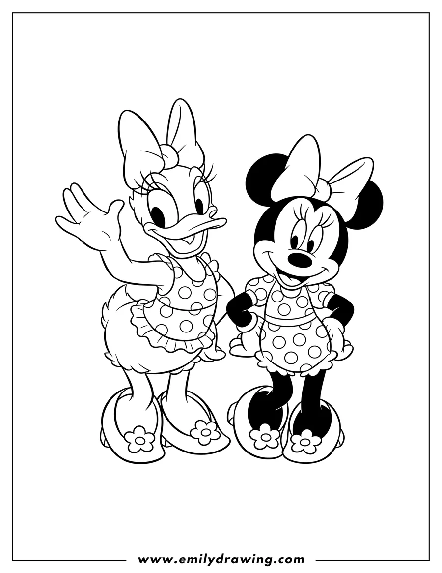 Coloring sheet featuring daisy Duck and Minnie Mouse in swimsuits, smiling and wearing flower sandals
