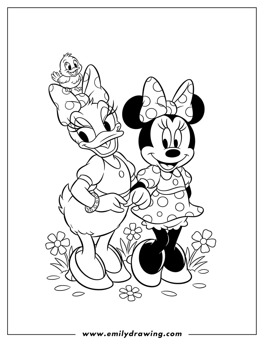Downloadable coloring page of daisy Duck and Minnie Mouse smiling together with a small bird on Daisy's head