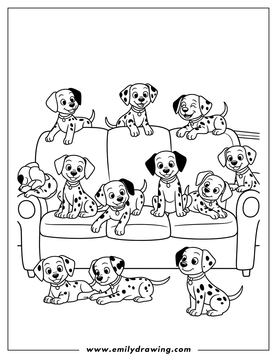 Simple sketch of dalmatian Puppies to color